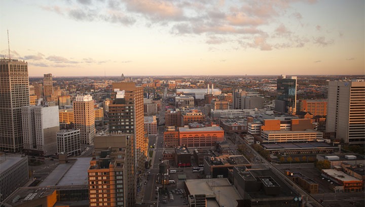 A view of downtown Detroit, Michigan at sunrise.