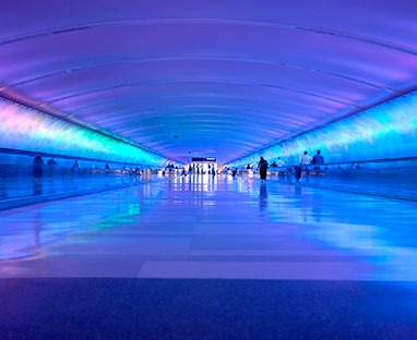 Airport tunnel that glows in Detroit Metro International Airport.