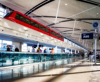 Detroit Airport Interior With Monorail And Gate 60 Sign