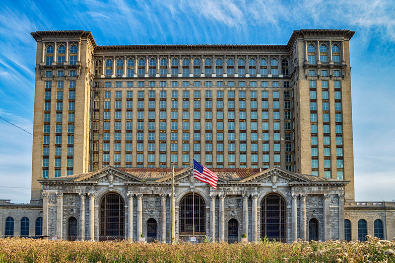 Michigan Central Railway Station in Detroit, USA