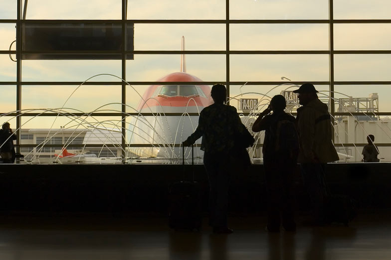 Silhouettes of travelers by a fountain looking at an airplane parked at a gate at Detroit Metro Airport.