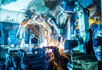 Robots Welding In A Car Factory