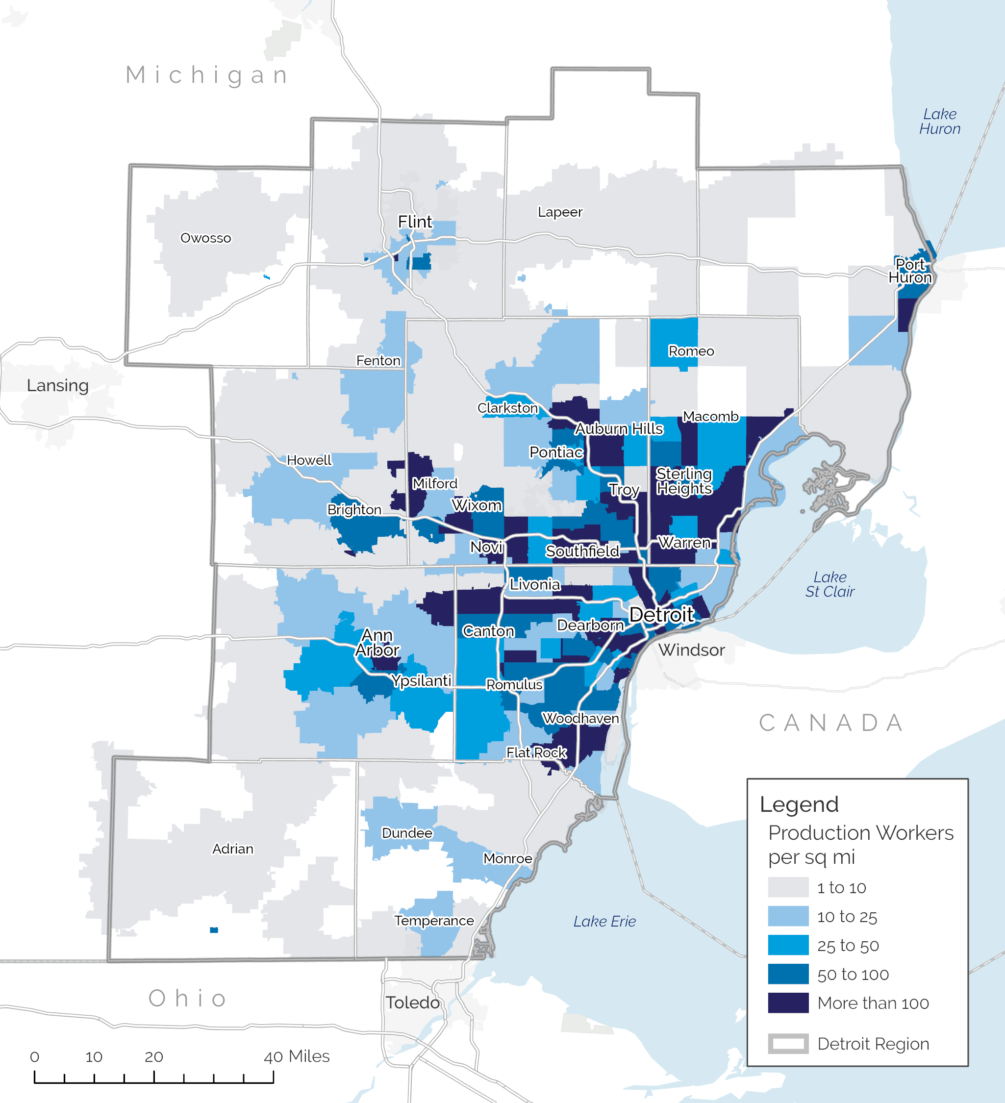 Map representing the density of production workers in the Detroit Region