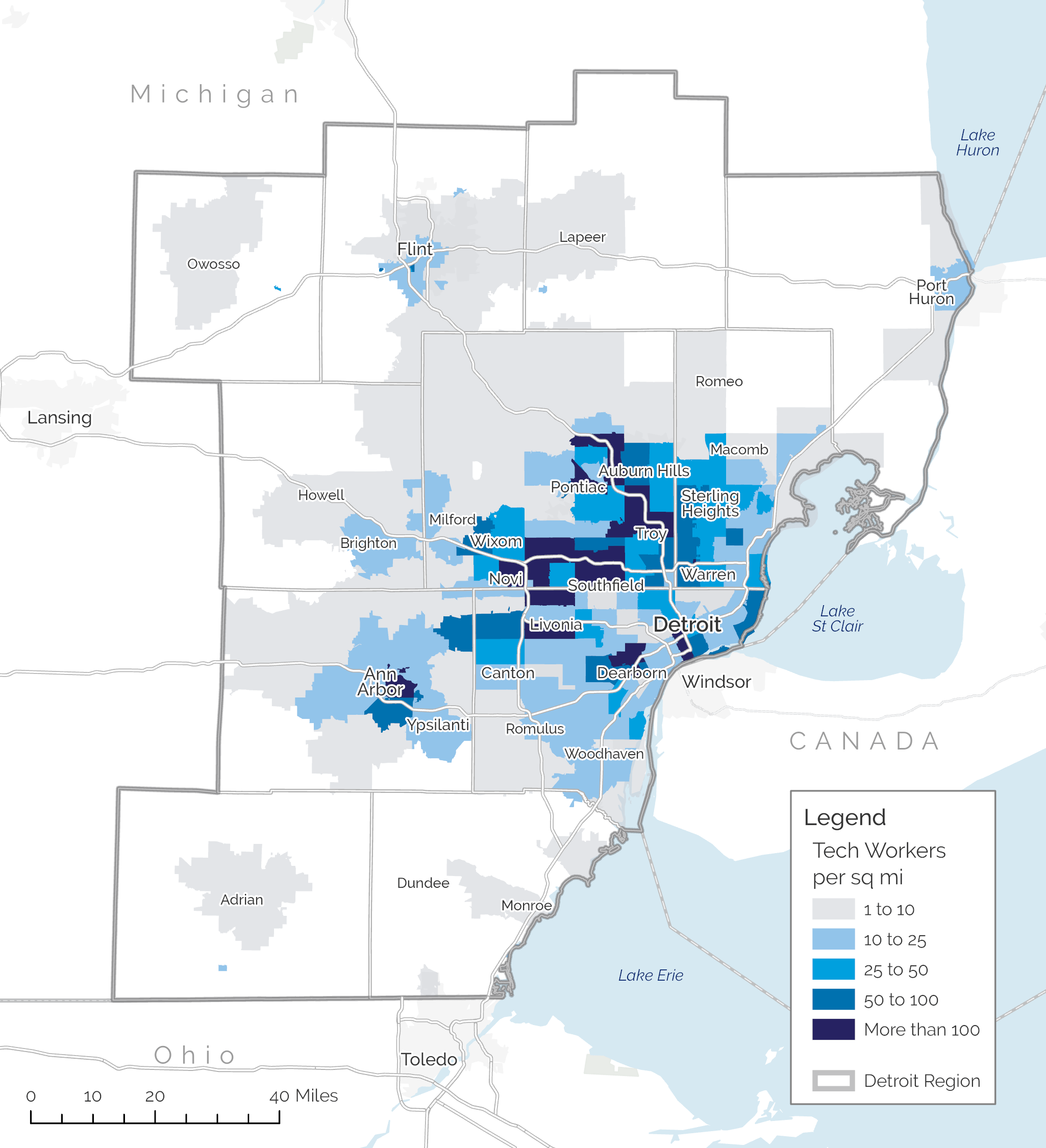 Map representing the density of tech workers in the Detroit Region