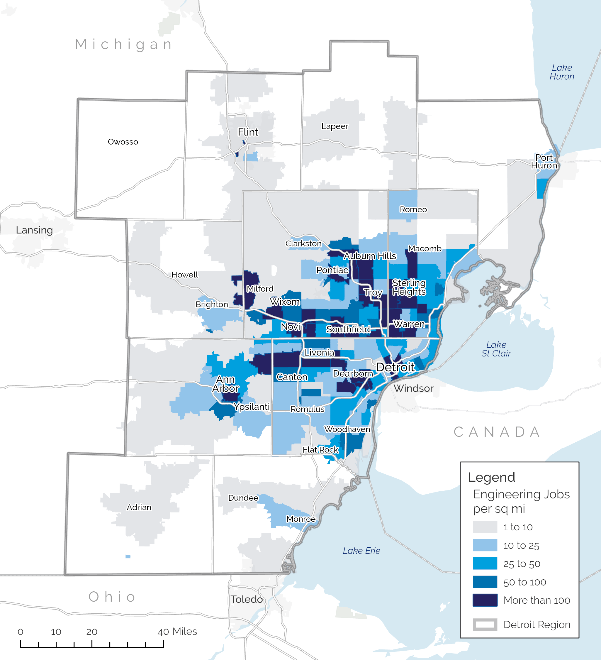 Map representing the density of engineering workers in the Detroit Region