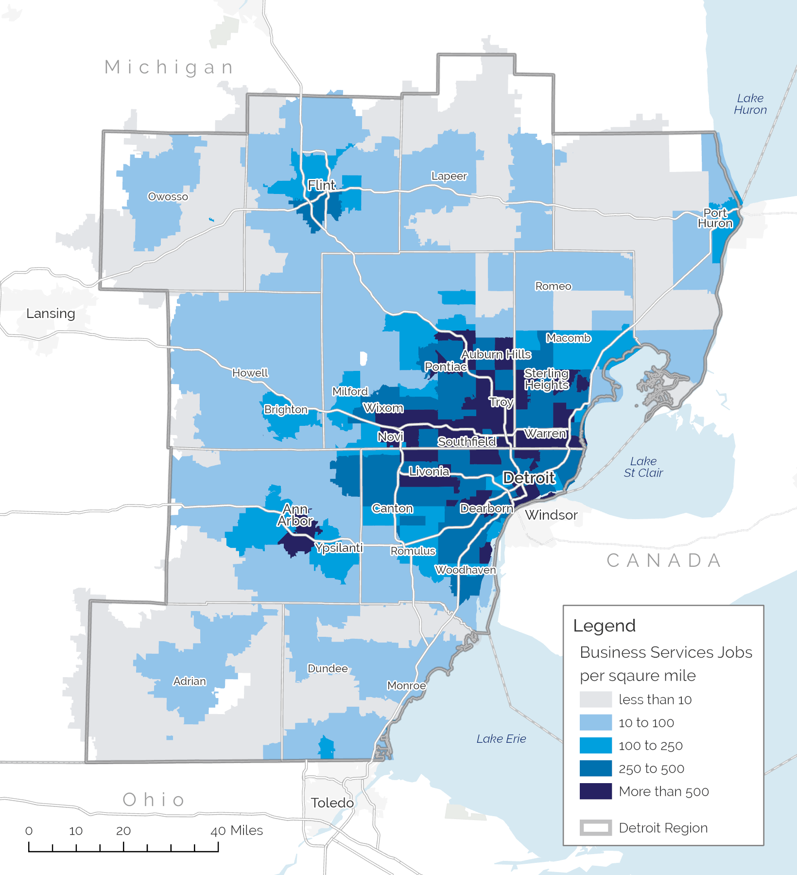 Map representing the density of business services related jobs in the Detroit Region