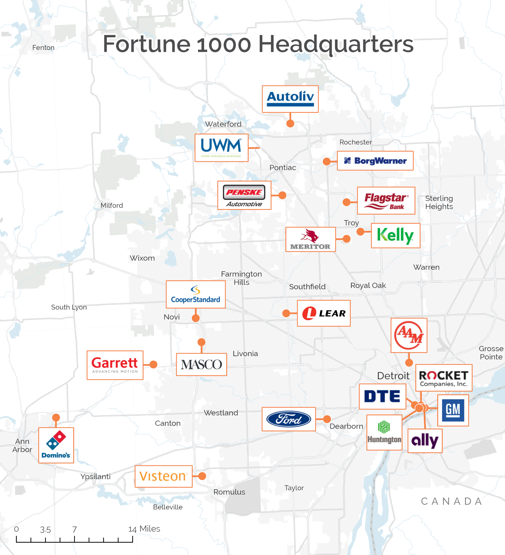 Map representing the locations of Fortune 1000 company headquarters in the Detroit Region