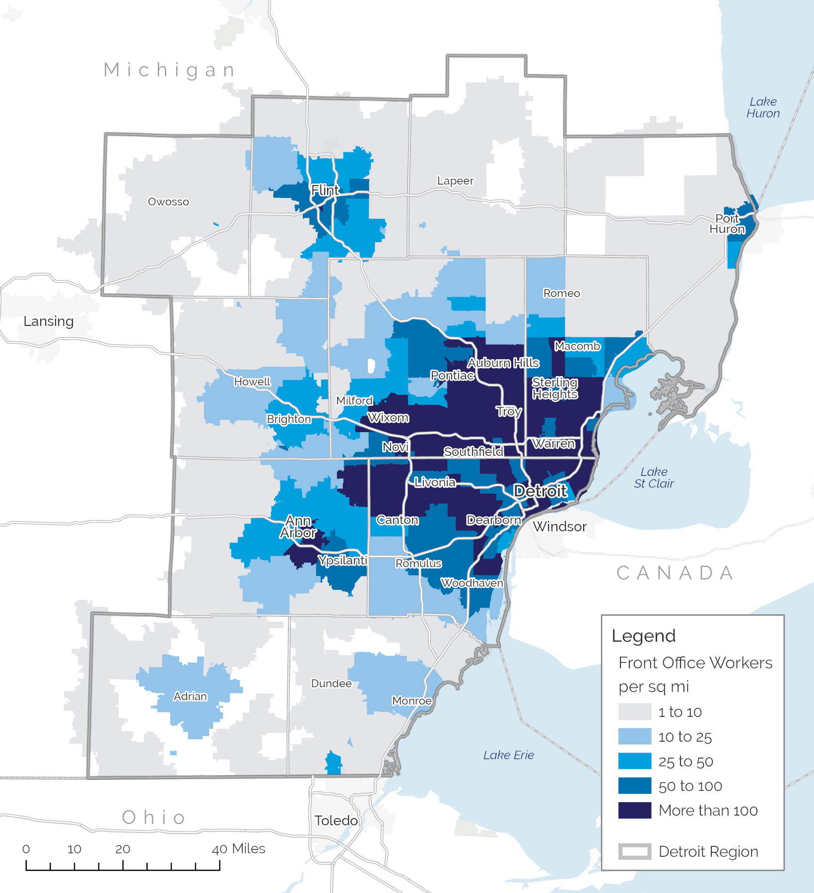 Map representing the density of front office workers in the Detroit Region
